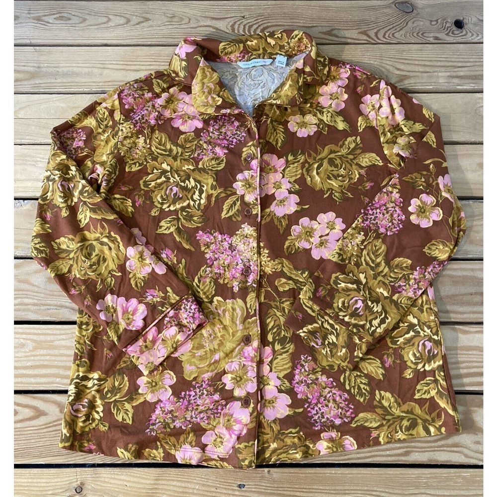 NEW Isaac Mizrahi Live Floral Pajama Sleep Set Size Medium Golden Button Front - Picture 2 of 12
